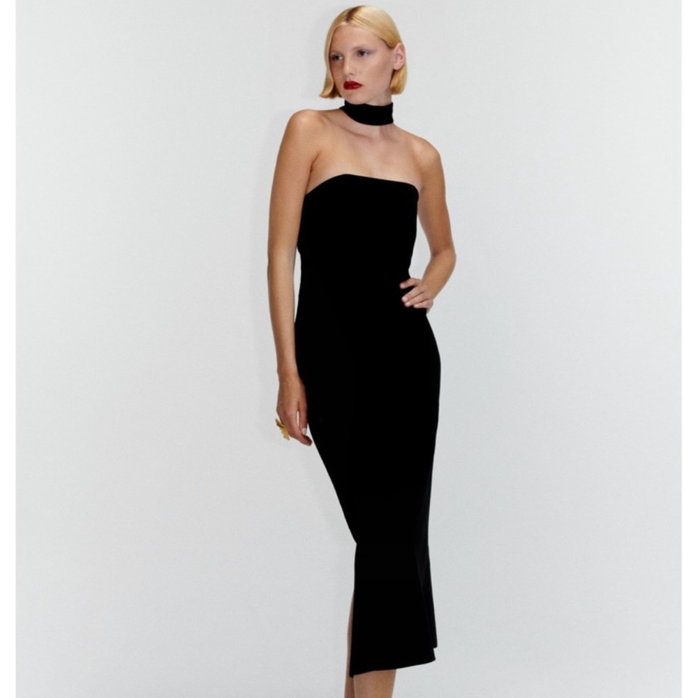 Zara Black Strapless Midi Dress with Choker Detail